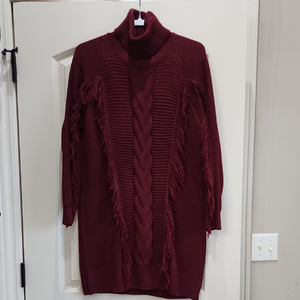 Elegant Maroon Turtleneck Sweater Dress